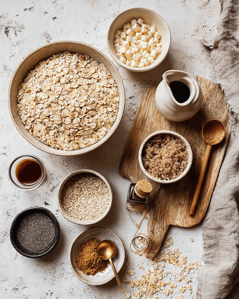 A white marbled textured surface holds several bowls and containers with ingredients for baking or cooking. In the center is a large bowl filled with light beige rolled oats. Above it, a white bowl contains small white chocolate chips, next to a beige bowl with packed brown sugar. To the right on a wooden cutting board are a white pitcher with a clear liquid and a small dark bottle of vanilla extract, with a jar of ground cinnamon and a golden measuring spoon beside it. Below the oats is a small white bowl with a ground spice mix, to the left of it a small black bowl full of chia seeds, and a clear glass cup with a dark syrup. A wooden spoon and a linen cloth are on the right side. Some oats are scattered on the surface. Photo taken with an iphone --ar 4:5 --v 7