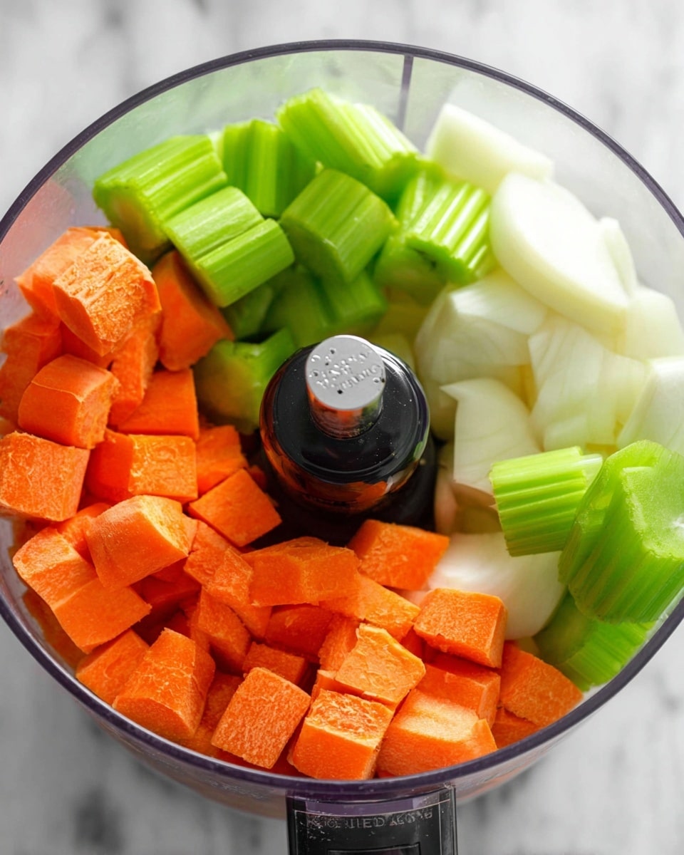 A clear food processor bowl filled with roughly chopped carrots, celery, and onions. The carrots are thick orange pieces with a slightly rough texture, placed mostly on the left side. The celery is bright green, cut into thick stalks showing ribbed skin and placed mainly on the right front. The onions are off-white, round slices with smooth texture, visible in the back right. Inside the bowl, the central black and silver blade hub stands out vertically. The bowl sits on a white marbled surface. photo taken with an iphone --ar 4:5 --v 7
