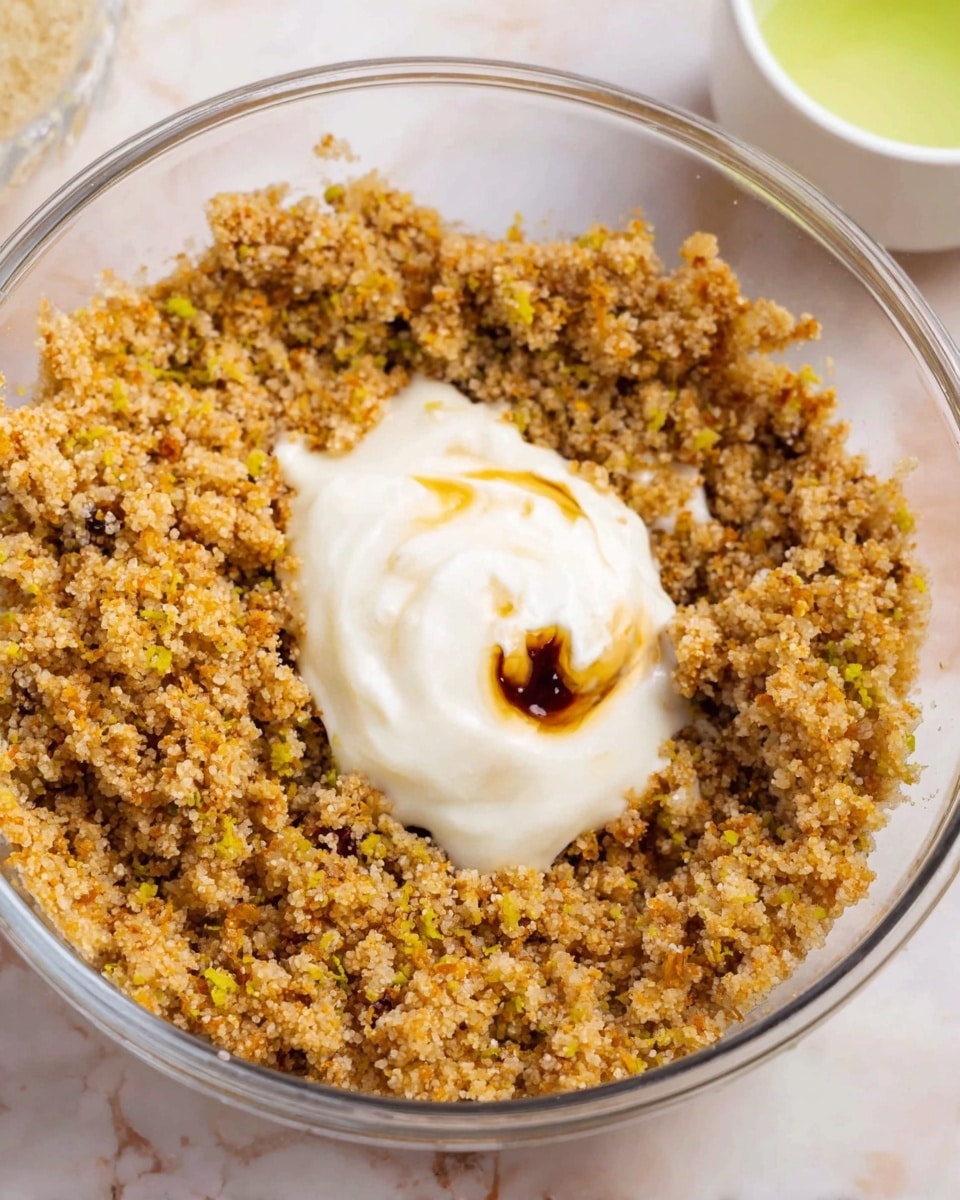 A clear glass bowl filled with a grainy, crumbly mixture in a light brown color, with visible tiny bits of orange and green throughout. On top of the grainy base is a dollop of smooth, creamy white sauce with a small swirl of dark brown liquid in its center. The bowl sits on a white marbled surface, and a small part of a white bowl with a green liquid is seen on the right side in the background. photo taken with an iphone --ar 4:5 --v 7