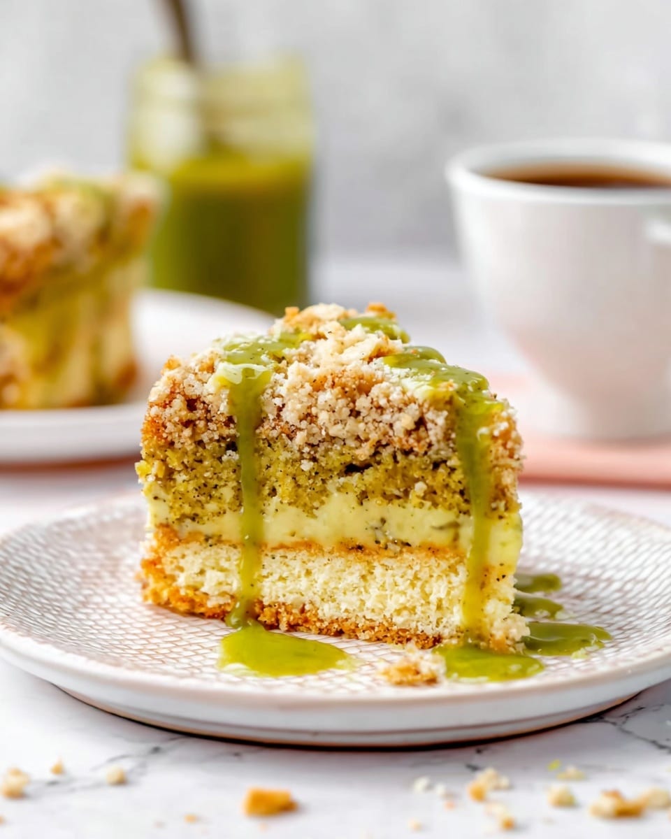 The image shows a thick slice of crumb cake on a white plate with a patterned texture. The cake has two distinct layers: a golden brown crumbly top with visible nutty specks and a light yellow bottom layer. Between these layers is a green filling, adding a pop of color and moist texture. Green sauce is drizzled over the top and around the plate, creating a glossy, smooth contrast to the crumbly cake. There are small chunks sprinkled on top and around the plate. In the background, a white cup with dark liquid and a jar of green sauce appear blurry against a white marbled surface. Photo taken with an iphone --ar 4:5 --v 7