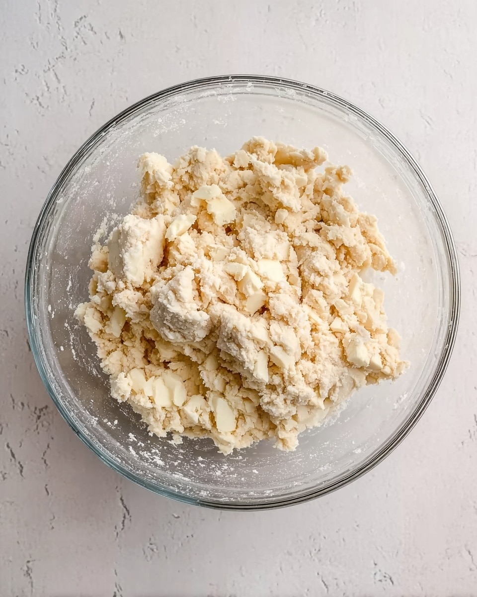 A clear glass bowl filled with a mixture of pale dough and small chunks of butter or fat, some parts appearing crumbly and others slightly moist, sitting on a white marbled surface. The dough has a rough texture with uneven pieces before being fully combined. No utensils or hands are present in the image. Photo taken with an iphone --ar 4:5 --v 7