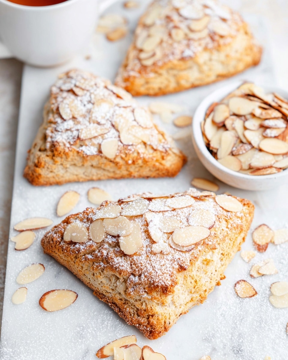 Three golden brown triangular almond scones are placed on a white plate with a white marbled texture surface. Each scone is topped with a thin layer of lightly toasted almond slices and dusted with a white powder of powdered sugar. Behind the scones, a small white bowl filled with more sliced almonds is visible. The background is soft and light, enhancing the warm tones of the scones. photo taken with an iphone --ar 4:5 --v 7