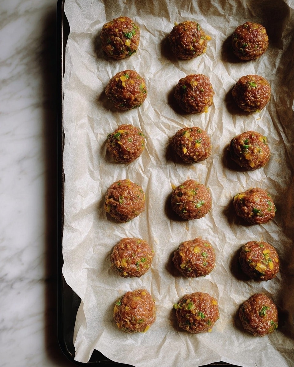 A metal baking tray holds a single layer of round meatballs spaced evenly apart on crinkled white baking paper, each meatball showing small green herb pieces and bits of yellow throughout its brown surface with a slightly shiny texture, all placed on a white marbled surface. photo taken with an iphone --ar 4:5 --v 7