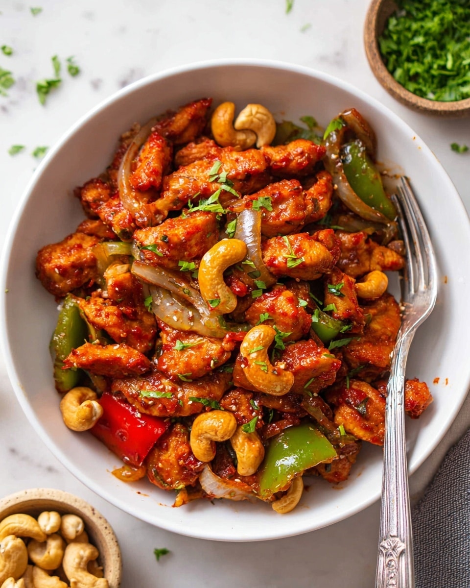 The dish shows a white bowl filled with pieces of reddish-brown cooked chicken, mixed with roasted cashews that are light golden, and chopped bell peppers in green and red colors. There are also translucent cooked onion slices and small pieces of green herbs scattered on top. The chicken has a shiny, slightly sticky texture with some visible seeds and seasoning. A silver fork is resting on the right side of the bowl, touching the food. The bowl is placed on a white marbled surface with some chopped green herbs and whole cashews in bowls nearby. Photo taken with an iphone --ar 4:5 --v 7