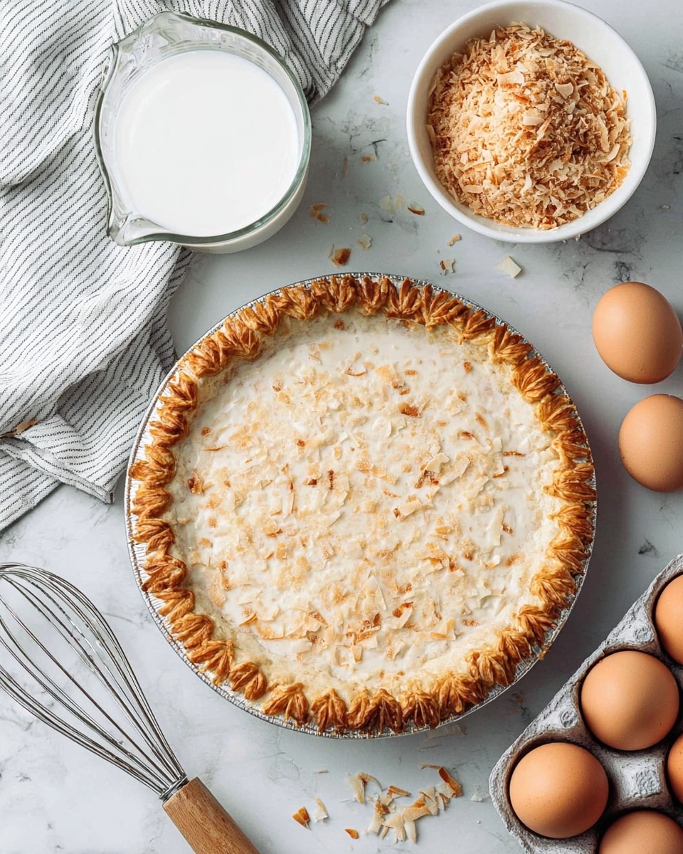 A close-up top view of a pie on a white marbled surface, showing a golden, flaky crust with detailed decorative edges and a creamy filling with light brown toasted flakes mixed inside, creating a speckled effect. Around the pie are various items: at the top left, there is a glass measuring cup filled with white liquid on a striped cloth, at the top right, a white bowl filled with toasted flakes, and near the bottom right, six brown eggs resting in a gray carton. A metal whisk with a wooden handle lies diagonally in the bottom left corner. Photo taken with an iphone --ar 4:5 --v 7