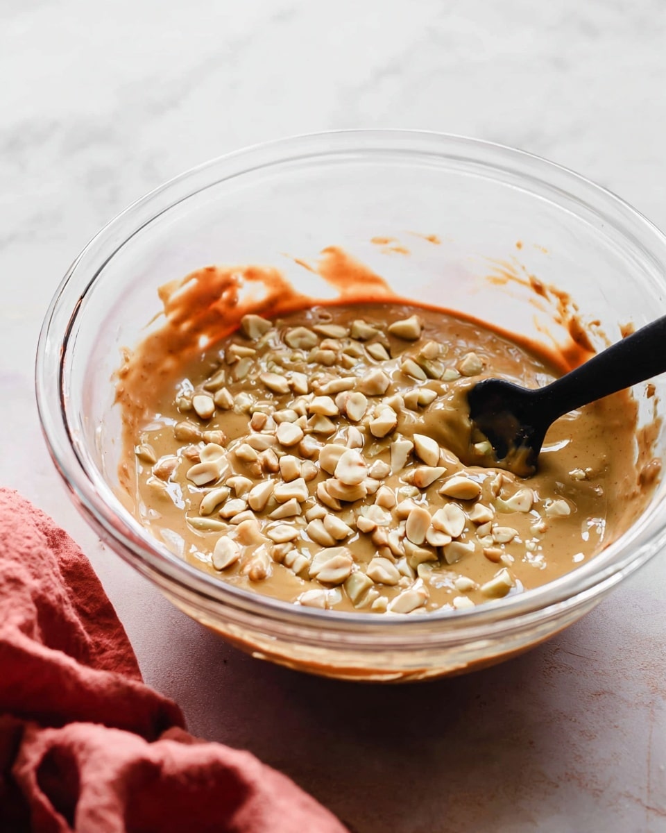A clear glass bowl sits on a white marbled surface, filled halfway with a smooth light brown sauce mixed with small, roughly chopped white nuts scattered thickly on its top layer. A black spatula is partially dipped into the sauce at the right side, slightly stirring the mixture. The background is softly blurred with a hint of pink and red fabric. Photo taken with an iphone --ar 4:5 --v 7