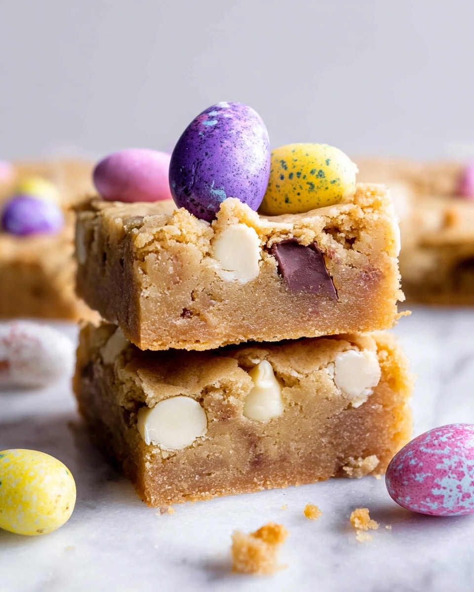 The image shows two square pieces of a thick, dense cookie bar stacked on top of each other on a white marbled surface. The bars have a light golden-brown color with a crumbly texture. Inside the bars, there are visible chunks of white chocolate. On top of the stacked bars, there are colorful, speckled candy-coated chocolate eggs in purple, yellow, and pink hues. One purple candy egg is broken, revealing the dark chocolate inside. The lower bar supports the top bar firmly, and scattered candy pieces and crumbs surround the bars lightly. Photo taken with an iphone --ar 4:5 --v 7
