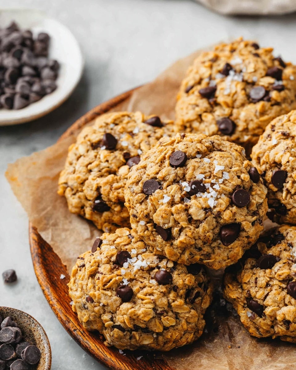 A close-up view shows a pile of oatmeal chocolate chip cookies on brown parchment paper placed on a wooden board. Each cookie has a rough, uneven surface textured with visible oats and studded with small dark chocolate chips scattered across the top. The cookies have a golden brown color, with some areas darker, giving a baked look. Some sea salt flakes lightly decorate parts of the cookie tops. In the background, there is a white plate filled with more chocolate chips, scattered chocolate chips are also visible on a white marbled surface. photo taken with an iphone --ar 4:5 --v 7