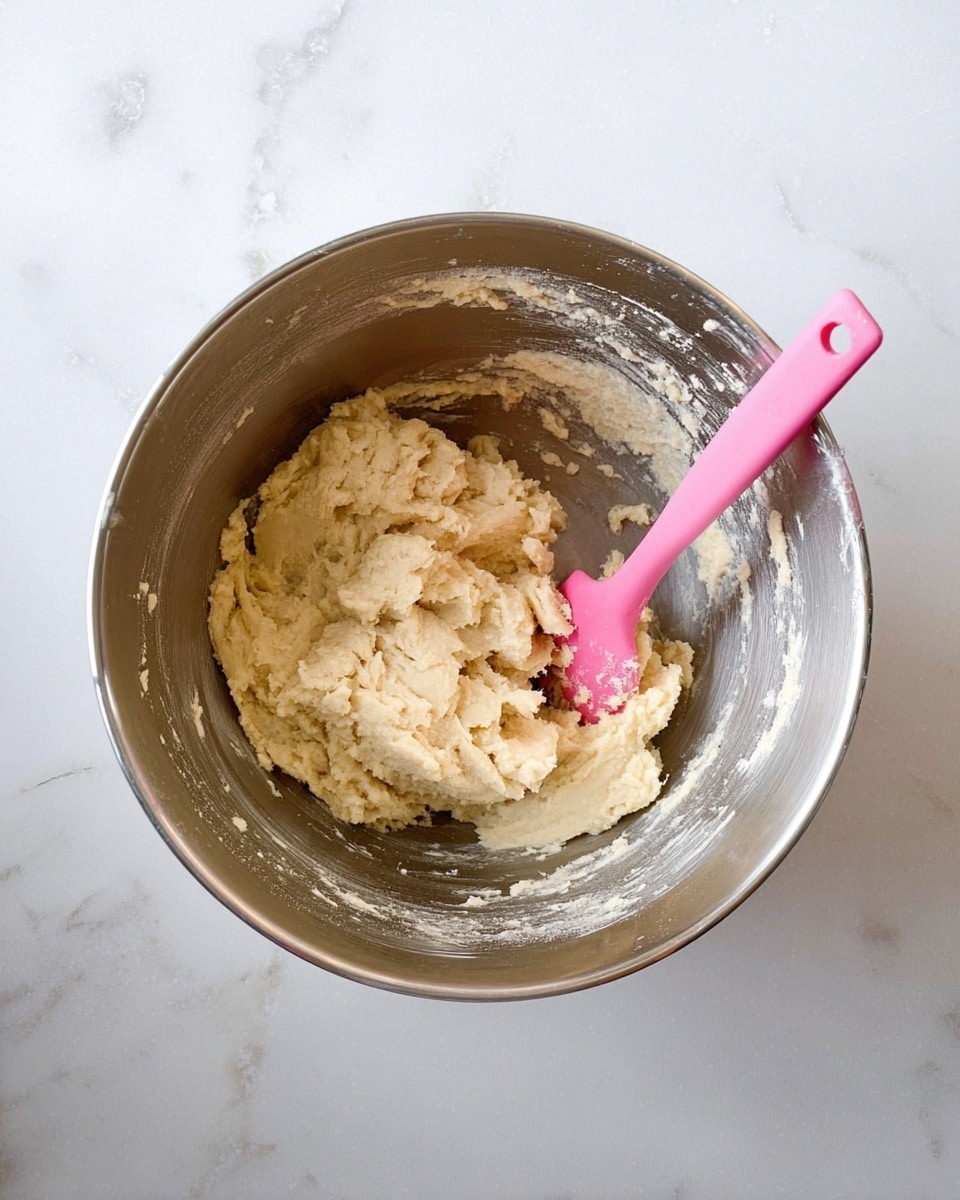 A top view of a shiny silver mixing bowl sitting on a white marbled surface, filled with a creamy, light beige dough that has a soft, smooth texture with some rough edges. Inside the bowl, there is a pink silicone spatula with dough on it, resting on the right side. The spatula handle is clean and stretches out of the bowl toward the top right corner. Photo taken with an iphone --ar 4:5 --v 7