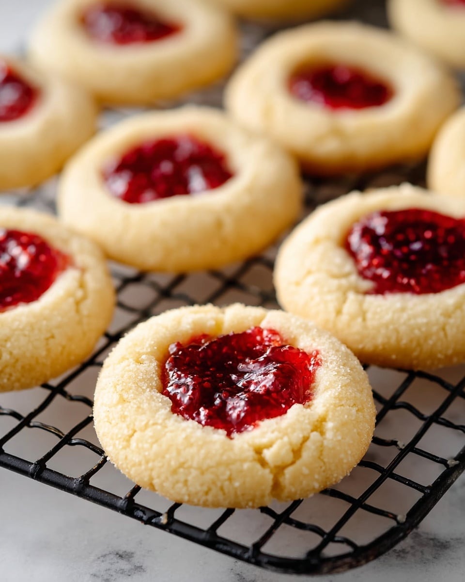 The image shows several round thumbprint cookies placed on a black wire cooling rack over a white marbled surface. Each cookie has one layer of light beige, soft and crumbly textured dough forming a round base with a slightly raised edge. In the center of this base is a bright red, glossy jam filling with a shiny, slightly uneven texture, looking like raspberry jam. The cookies are arranged closely together, with some overlapping slightly, and a few blurred cookies are visible in the background. The photo taken with an iphone --ar 4:5 --v 7