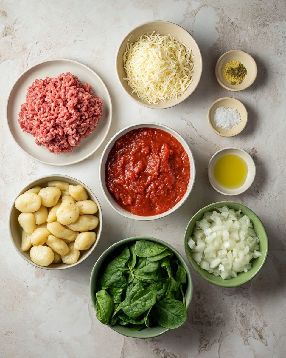 The image shows seven bowls and a white round plate with ingredients placed on a white marbled texture. On the left side, there is a white plate with raw ground meat that is pinkish-red in color. Above it, a white bowl filled with shredded white cheese strands. To the right of the cheese bowl, a small beige bowl with separate piles of yellow, green herbs, and white salt. Next to that is a white bowl filled with pale yellow gnocchi pieces. Below the gnocchi is a white bowl full of fresh, dark green spinach leaves. Left to the spinach bowl, a white bowl contains bright red chunky tomato sauce. Above it, a green bowl holds diced white onions. Lastly, a small beige dish with light yellow oil sits between the onion and meat plate. Photo taken with an iphone --ar 4:5 --v 7