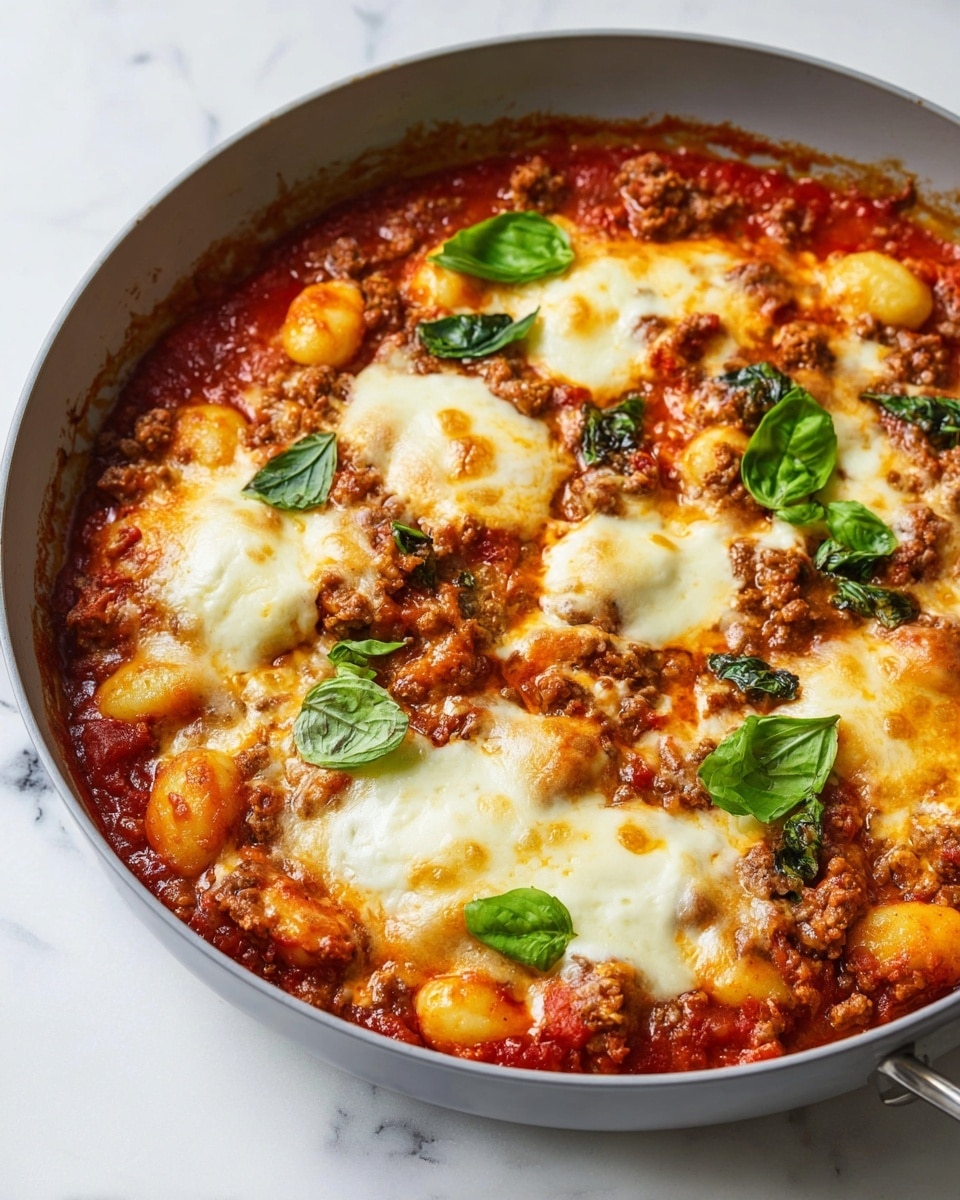 This image shows a thick skillet dish with four main layers. The bottom layer is deep red tomato sauce spread evenly inside the skillet. Above that, there is a layer of small round gnocchi mixed with brown ground meat in the sauce, which is chunky and textured. The top layer is melted white cheese with gooey, soft spots, and there are fresh green basil leaves scattered on top. The skillet is gray and sits on a white marbled surface. The photo is bright and focused, showing steam and slight browning on the cheese. photo taken with an iphone --ar 4:5 --v 7