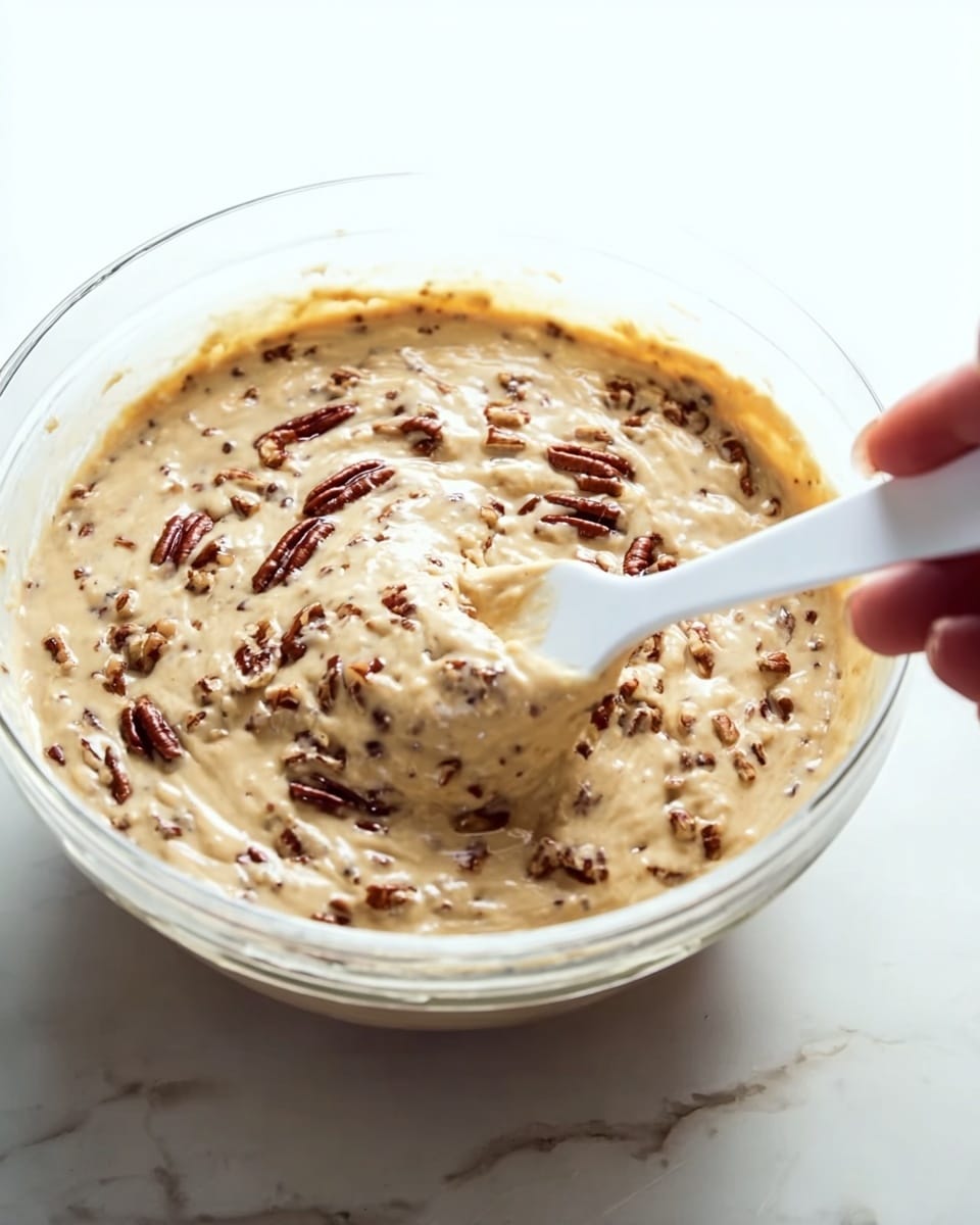A clear glass bowl filled with a thick, light beige batter mixed with small dark brown nut pieces spread evenly throughout. A white spoon with some batter on it is held by a woman's hand, slightly stirring or scooping the mixture. The bowl sits on a white marbled surface with soft, natural lighting highlighting the texture of the batter and nuts. The overall scene is bright and clean. photo taken with an iphone --ar 4:5 --v 7