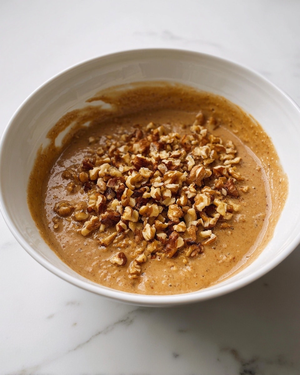 A white bowl with thick light brown batter filling about three-quarters of it, with a rough texture on the surface and streaks around the inner sides of the bowl, topped with a layer of chopped walnuts in various shades of brown spread unevenly in the middle, all placed on a white marbled surface photo taken with an iphone --ar 4:5 --v 7