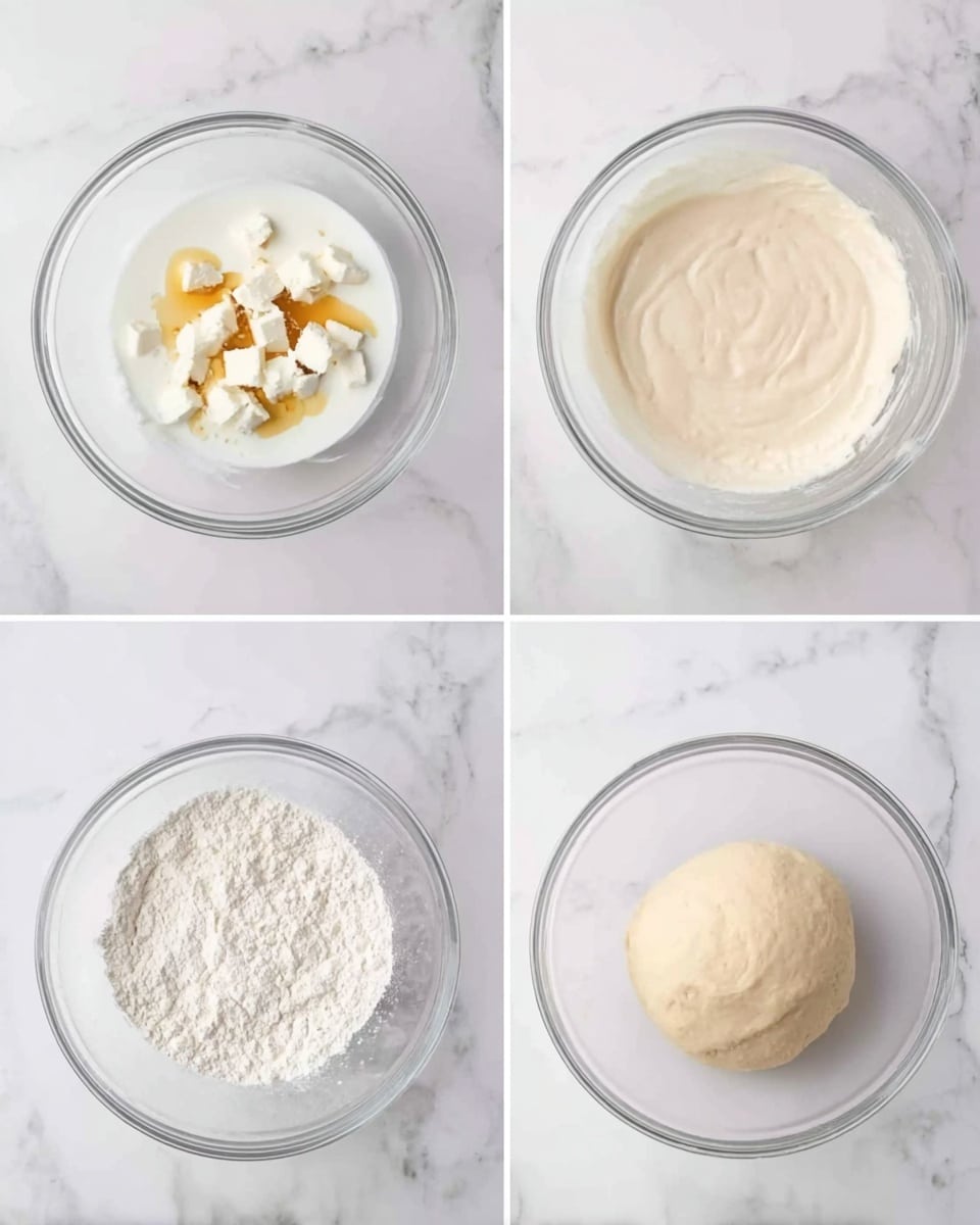 The image shows a sequence of four clear glass bowls arranged in a 2x2 grid on a white marbled surface. The top left bowl contains small white chunks of cheese and a splash of vanilla extract on top of a white creamy liquid. The top right bowl shows a smooth light beige cream after mixing. The bottom left bowl has white flour being added on top of the light beige cream. The bottom right bowl contains a smooth, round ball of pale beige dough resting in the clear glass bowl. photo taken with an iphone --ar 4:5 --v 7