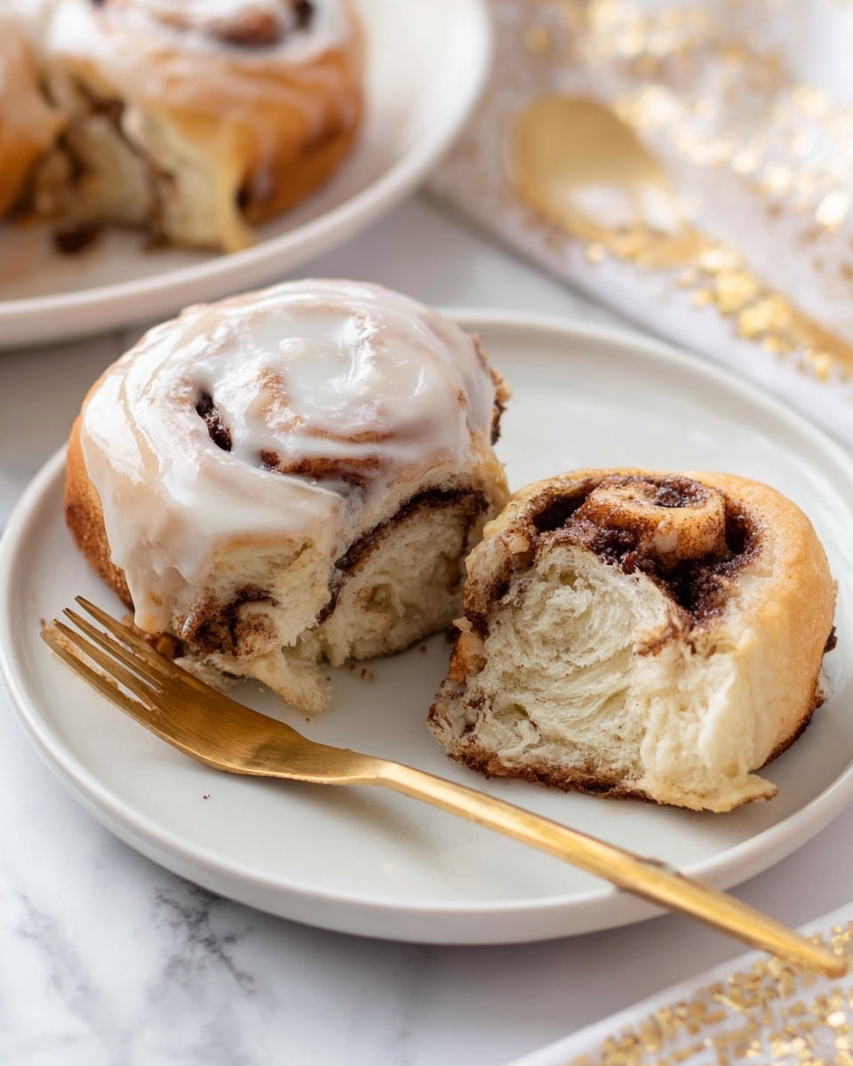 A white plate holds two cinnamon rolls with a shiny white icing on top; one cinnamon roll is whole while the other is split into two halves showing soft, light beige dough layers with dark brown cinnamon swirls inside. The edges of the rolls have a golden-brown color with a soft texture inside. A gold fork lies beside the rolls, all set against a white marbled surface with soft lighting. Photo taken with an iphone --ar 4:5 --v 7