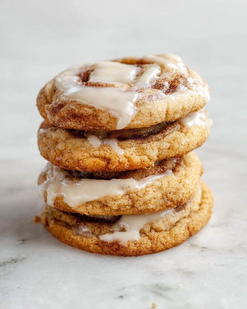 A stack of four round cookies is shown on a white marbled surface. Each cookie has a golden brown color with visible swirls of darker brown, indicating cinnamon or similar spices. The top of each cookie is covered with a light, creamy icing that looks slightly melted and drips a little over the edges. The cookies appear soft with a slightly cracked texture on the surface. The stack is neatly aligned, and no plate is visible under the cookies. The photo taken with an iphone --ar 4:5 --v 7