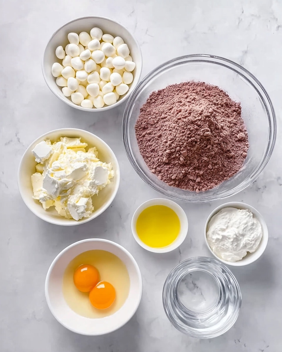 The image shows six white bowls arranged on a white marbled surface, each containing a different baking ingredient. In the center is a large clear glass bowl filled with a powdered cocoa mix that has a dark brown, smooth texture. Above it to the left is a medium white bowl filled with small white round candies, smooth and shiny. Beside it to the right is a white bowl holding a soft white cream cheese with a whipped look. Below the cream cheese bowl is a small white bowl with a yellow liquid, likely melted butter. At the bottom center is a small white bowl holding two raw egg yolks with a bright orange-yellow color. Lastly, to the right is a clear glass cup with plain water. The items are all placed neatly on the white marbled surface. Photo taken with an iphone --ar 4:5 --v 7