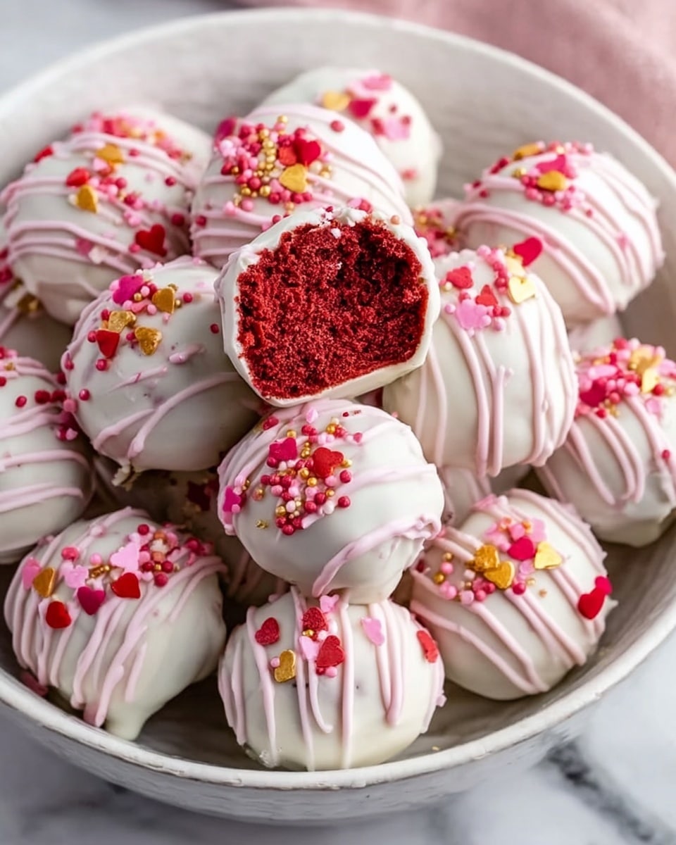 A white bowl filled with many small round red velvet cake balls, each covered in a smooth white coating. The cake balls are decorated with pink, red, and gold small round and heart-shaped sprinkles scattered on top. Some of the cake balls are drizzled with light pink icing in thin lines. One cake ball near the center is bitten into, showing a rich, dark red interior with a soft texture. The bowl is resting on a white marbled surface. Photo taken with an iphone --ar 4:5 --v 7
