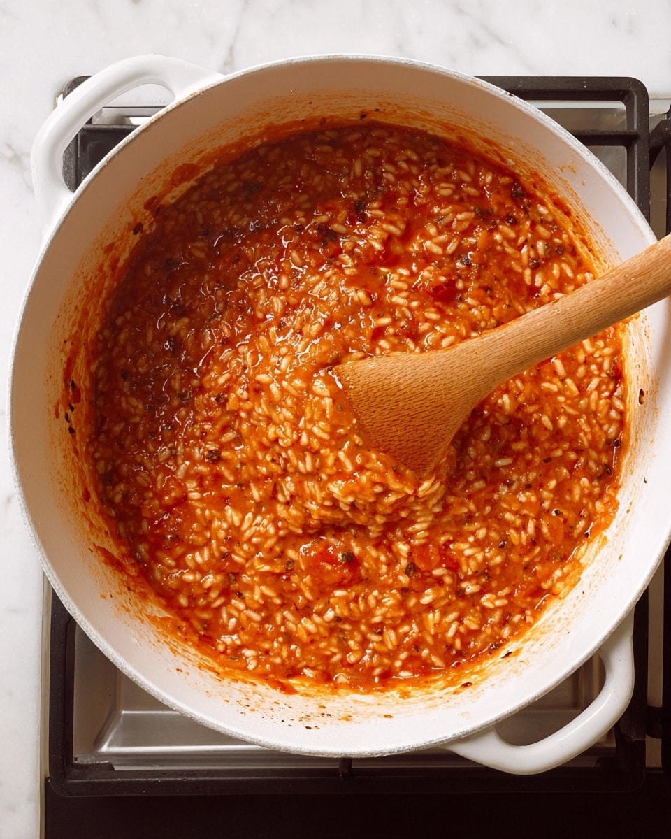 A white pot filled with thick risotto that has a rich orange-red tomato sauce mixed with plump grains of rice throughout. The risotto is creamy and slightly chunky with small bits of tomato and seasoning visible. A wooden spoon is resting inside the pot, partially covered with the same tomato risotto, showing a slightly sticky texture. The pot is placed on a stove with a white marbled surface surrounding it. Photo taken with an iphone --ar 4:5 --v 7