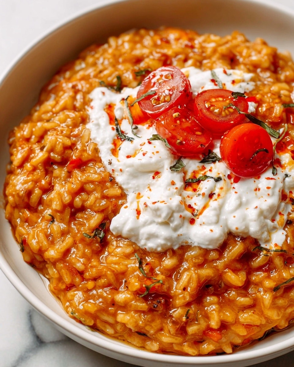 A close-up view of a white bowl filled with thick, orange-brown risotto that looks soft and creamy with visible grains of rice and small bits of vegetables mixed in. On top of the risotto, there is a layer of white creamy cheese spread unevenly with small red chili flakes sprinkled over. Slices of bright red cherry tomatoes are scattered on the cheese, adding a pop of color and freshness. The bowl is set on a white marbled surface, highlighting the rich texture and warm colors of the dish photo taken with an iphone --ar 4:5 --v 7