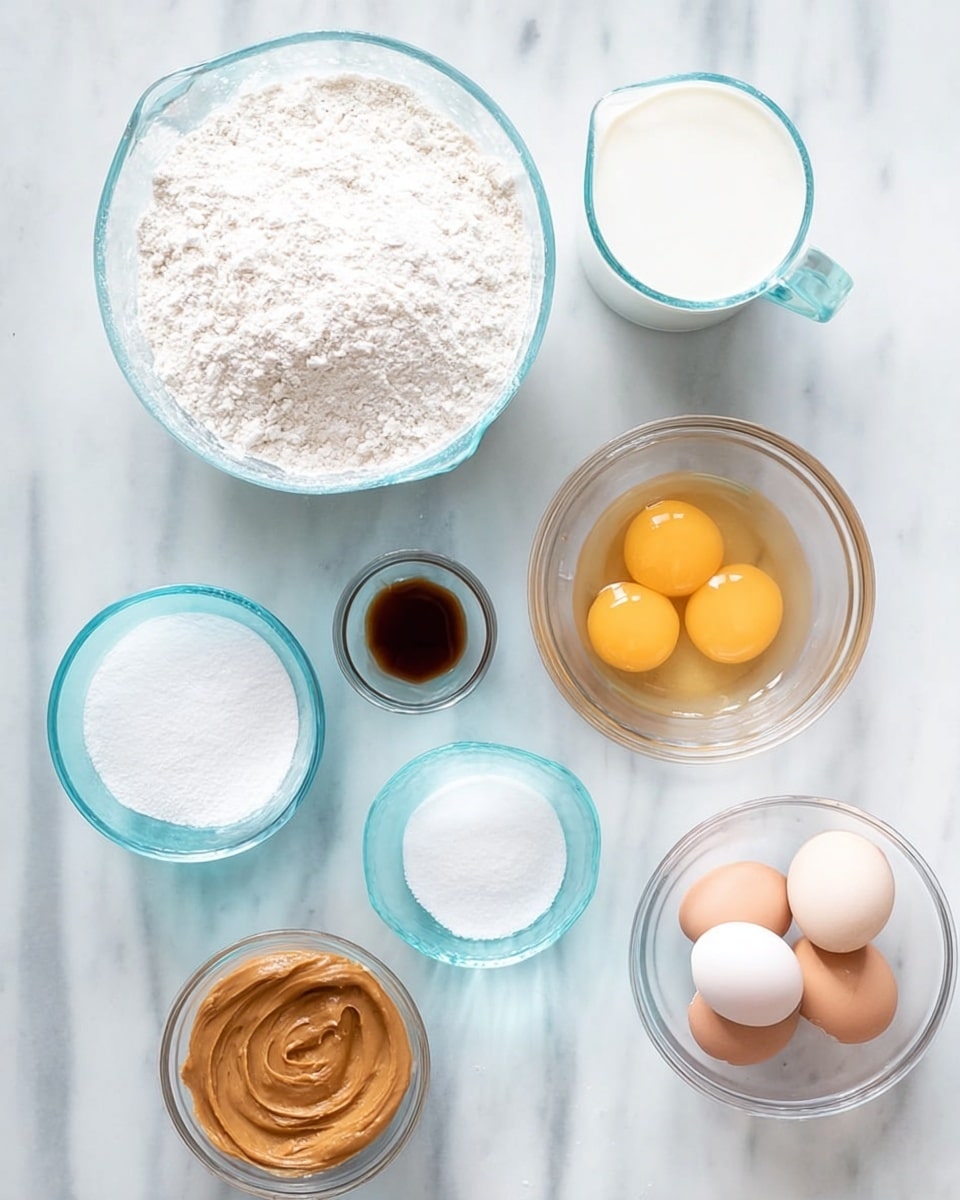 The image shows eight clear glass and light blue measuring cups and bowls arranged on a white marbled surface. The largest clear bowl on the left is filled with white flour, next to it on the right is a medium clear measuring cup filled with milk. Below the flour are small clear bowls of salt and a tiny bowl of dark liquid, likely vanilla extract. In the center, a light blue measuring cup holds white granulated sugar, and below it another light blue measuring cup contains creamy peanut butter. To the right of peanut butter is a small clear bowl with baking powder. At the top right is a clear bowl with two cracked raw eggs, yolks bright yellow and whites transparent. The setup forms a neat, clean layout of baking ingredients. Photo taken with an iphone --ar 4:5 --v 7