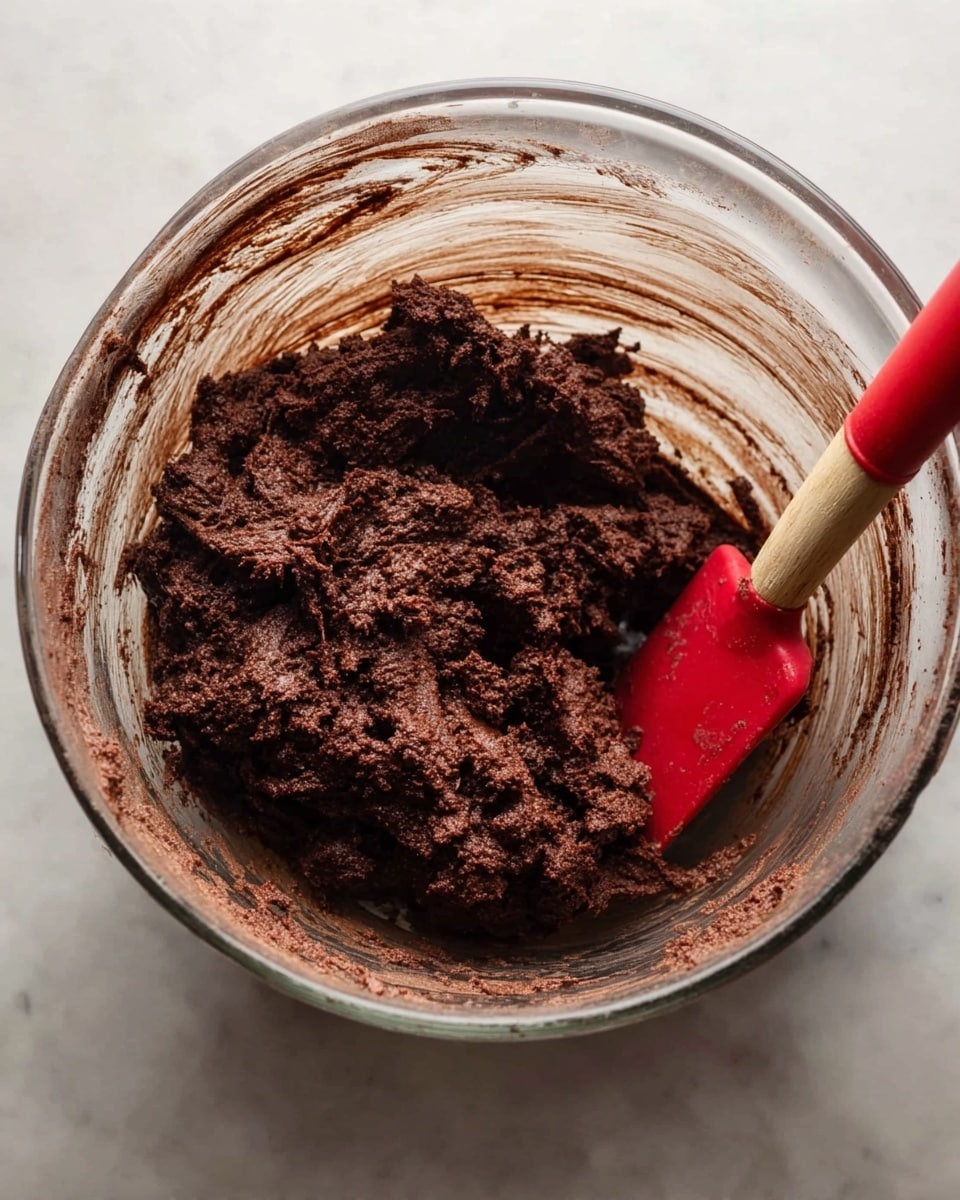 The image shows a close-up of a glass mixing bowl filled with thick, dark brown chocolate dough that has a rough, dense texture. A red spatula with a wooden handle is resting inside the bowl on the right side, slightly covered with the dough. The inside walls of the bowl have streaks of the chocolate dough, showing that it has just been mixed. The bowl is placed on a white marbled surface, creating a clean and bright background. Photo taken with an iphone --ar 4:5 --v 7