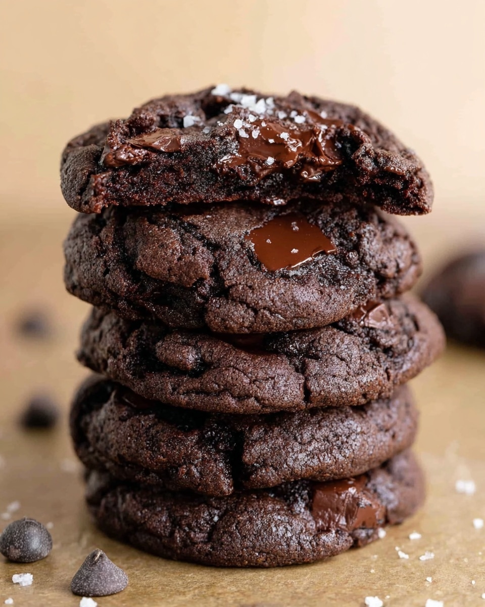 A stack of four dark brown chocolate cookies is shown, with the top cookie broken in half to reveal melted chocolate chunks inside. The cookies have a soft and slightly cracked texture, with visible large chocolate pieces embedded in them. The surface beneath is a light beige, creating a warm contrast with the rich, dark cookies. Some small chocolate chips and a light sprinkling of salt are scattered near the stack. photo taken with an iphone --ar 4:5 --v 7