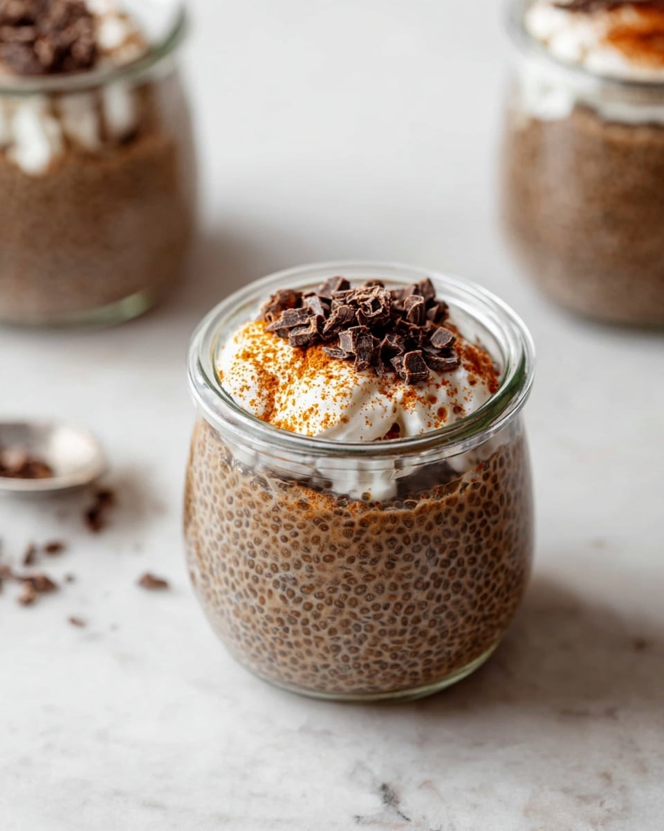 A small clear glass jar filled three-quarters with light brown chia pudding that has a bumpy, seedy texture, topped with a dollop of off-white cream sprinkled with fine pieces of dark chocolate and a light dusting of orange-brown spice. The jar is placed on a white marbled surface with some small chocolate flakes scattered around. Another similar jar is visible blurred in the background. photo taken with an iphone --ar 4:5 --v 7