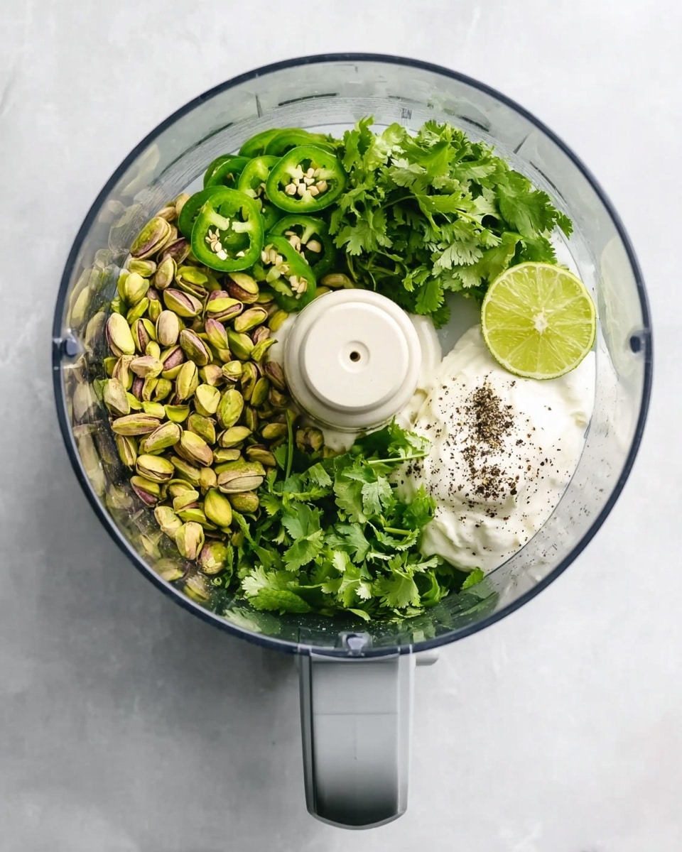 Inside a clear food processor bowl with a white handle, there are four main layers visible: a pile of green pistachios on the left, bright green jalapeño halves with seeds on the top, fresh green cilantro leaves on the right, and creamy white yogurt mixed with black pepper on the bottom right. The food processor is placed on a white marbled surface, with a squeezed lime half next to it. A woman's hand is not in the frame. Photo taken with an iphone --ar 4:5 --v 7