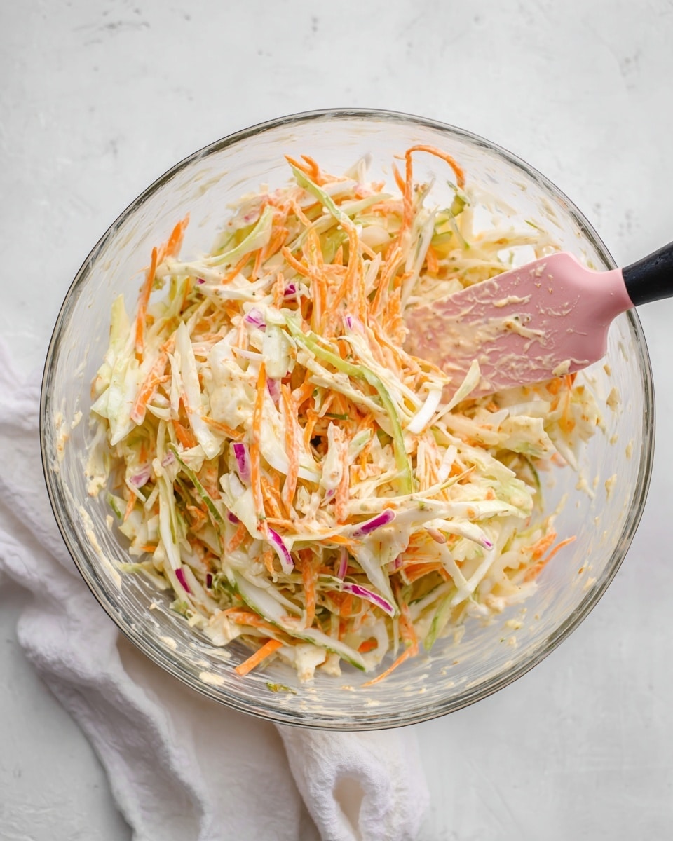 A clear glass bowl filled with coleslaw, showing thin shredded layers of white cabbage, orange carrot, thin green celery sticks, and small purple onion strips. The vegetables are mixed well with a creamy, light beige dressing. A pink spatula with a black handle is partially in the bowl, coated with the dressing on one side. The bowl is placed on a white marbled surface, and a white cloth is softly folded and placed nearby. photo taken with an iphone --ar 4:5 --v 7