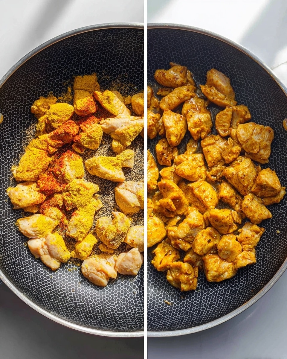 The image shows two side-by-side views of cooking chicken pieces in a black frying pan with a hexagon pattern. On the left side, raw chicken pieces are spread inside the pan, topped with yellow and red spices dusted unevenly over the chicken and a bit of black pepper scattered on top. On the right side, the chicken pieces have turned golden brown and cooked, showing a slightly crispy texture and evenly coated with the spices. The pan is on a white marbled surface. The lighting is bright and natural, highlighting the color change from raw to cooked. photo taken with an iphone --ar 4:5 --v 7