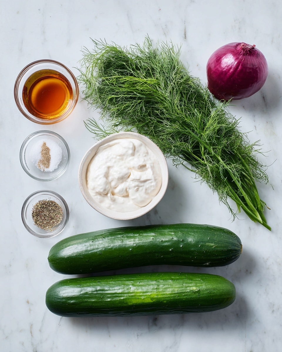 The image shows cooking ingredients arranged on a white marbled surface. There are two long, dark green cucumbers placed horizontally near the bottom. Above them, a bunch of fresh green dill lies in the center. To the right of the dill is a small white bowl filled with thick white yogurt and next to it, a glass bowl with amber-colored liquid. On the left side of the dill, two small glass bowls hold coarse salt, ground pepper, and garlic powder in one, and fine white salt in the other. A whole purple-red onion is situated at the top right corner. The overall scene is bright and clean with the ingredients spaced evenly across the surface. Photo taken with an iphone --ar 4:5 --v 7
