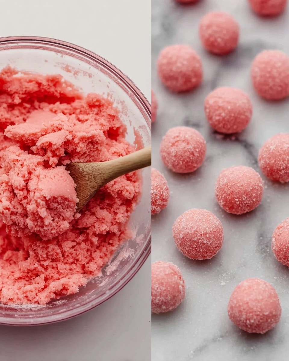 The image shows two sections side by side. On the left, there is a clear glass bowl with bright pink dough mixture being stirred with a wooden spoon, the dough looks soft and crumbly in texture. On the right, there are small round balls of pink dough, evenly spaced out on a white marbled surface, each ball coated lightly with sugar giving a rough texture. The overall scene is brightly lit with a clean and simple look. photo taken with an iphone --ar 4:5 --v 7