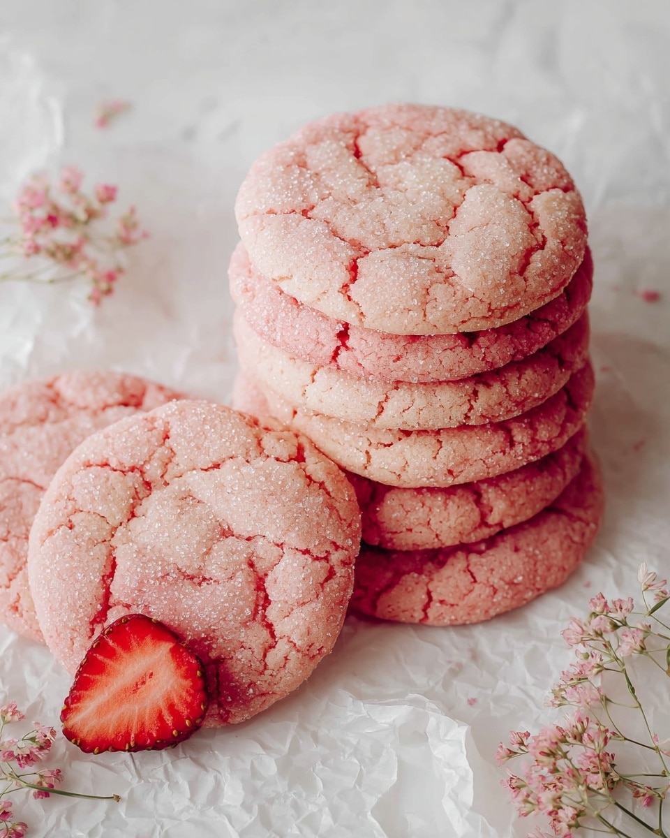 The image shows a stack of seven light pink cookies with a cracked texture and sugar coating on the top surface, placed on white crumpled paper over a white marbled background. One dried strawberry slice is lying on the paper near the cookies, with another slice partially visible under the cookie stack, adding a pop of red color. Small delicate pale pink flowers with thin stems are placed around the lower right corner, adding a soft decorative touch. photo taken with an iphone --ar 4:5 --v 7