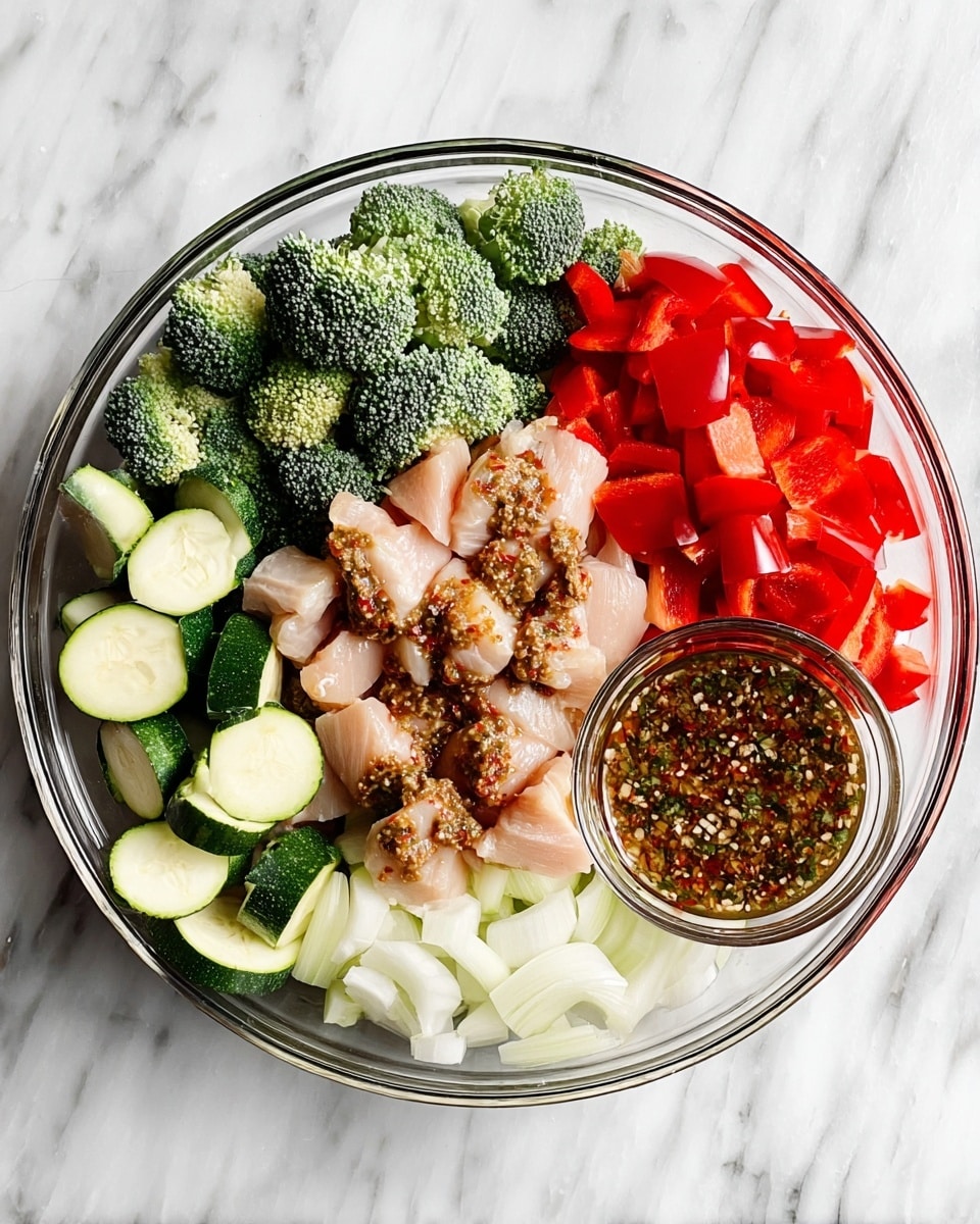 A clear round bowl sits on a white marbled surface, filled with five layers of ingredients arranged side by side. On the top left are bright red chopped bell peppers showing a smooth texture. Next to them, there is a pile of deep green broccoli florets with a bumpy, detailed surface. In the center, there are light pink raw chicken pieces topped with a brown herb sauce, which has a slightly thick, grainy texture. To the right of the chicken are white chopped onions with a smooth, soft look. The bowl's bottom left section holds light green zucchini slices with darker green skin edges, cut into half-moons. At the bowl's edge is a small clear glass bowl with more of the brown sauce, showing herbs and oil mixed together. Photo taken with an iphone --ar 4:5 --v 7