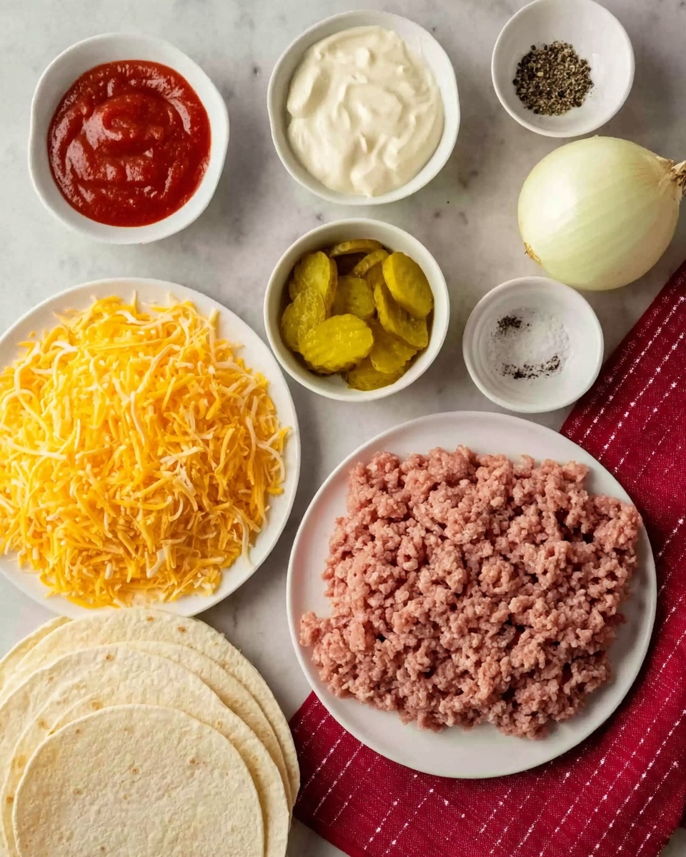 The image shows a white plate filled with finely shredded bright yellow cheese placed in the lower left area. Next to it on the right is a white plate with raw ground meat that has a pinkish-brown color. Above these plates are small white bowls arranged in a row: from left to right, the first bowl contains a smooth red sauce, the second has a white creamy sauce with a thick texture, and the third holds sliced yellow pickles with a shiny surface. A small white bowl in the center holds a mix of black pepper and salt. A whole white onion is positioned to the far right near the top. Three round white tortillas are stacked and placed in the bottom left corner of the image. The setting is on a white marbled surface with a red cloth featuring a simple white grid pattern on the right edge. photo taken with an iphone --ar 4:5 --v 7