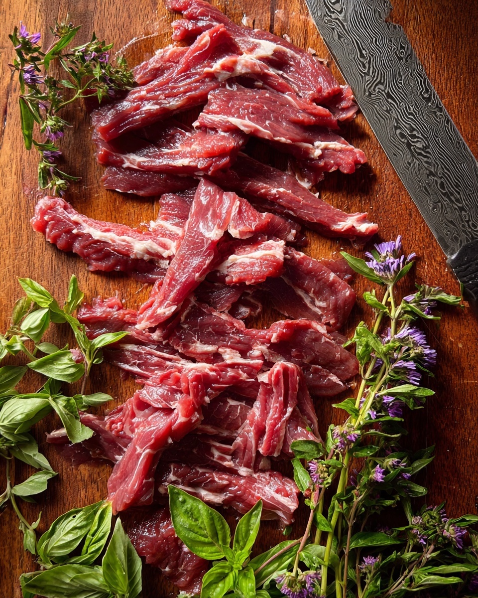 The image shows many thin, raw red meat strips with white fat marbling, spread out on a wooden cutting board. Mixed in and around the meat are fresh green and purple basil leaves and small purple flowers on stems. On the right side of the board lies a shiny knife with a patterned blade. The whole scene is lit brightly, highlighting the meat's glossy texture and the fresh herbs' vibrant colors. photo taken with an iphone --ar 4:5 --v 7