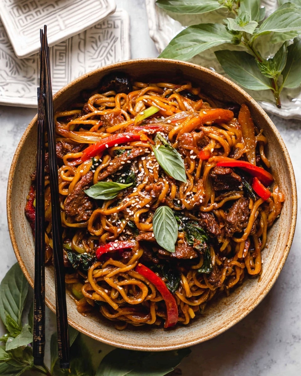 A bowl filled with dark brown stir-fried noodles mixed with pieces of cooked meat and strips of red bell pepper, topped with scattered sesame seeds and fresh green basil leaves, all inside a light brown ceramic bowl. The noodles are glossy and twisted around the meat and vegetables, with some green leafy herbs throughout. Black chopsticks rest on the side of the bowl, and the bowl sits on a white marbled surface decorated with white square plates and green leaves beside it. photo taken with an iphone --ar 4:5 --v 7