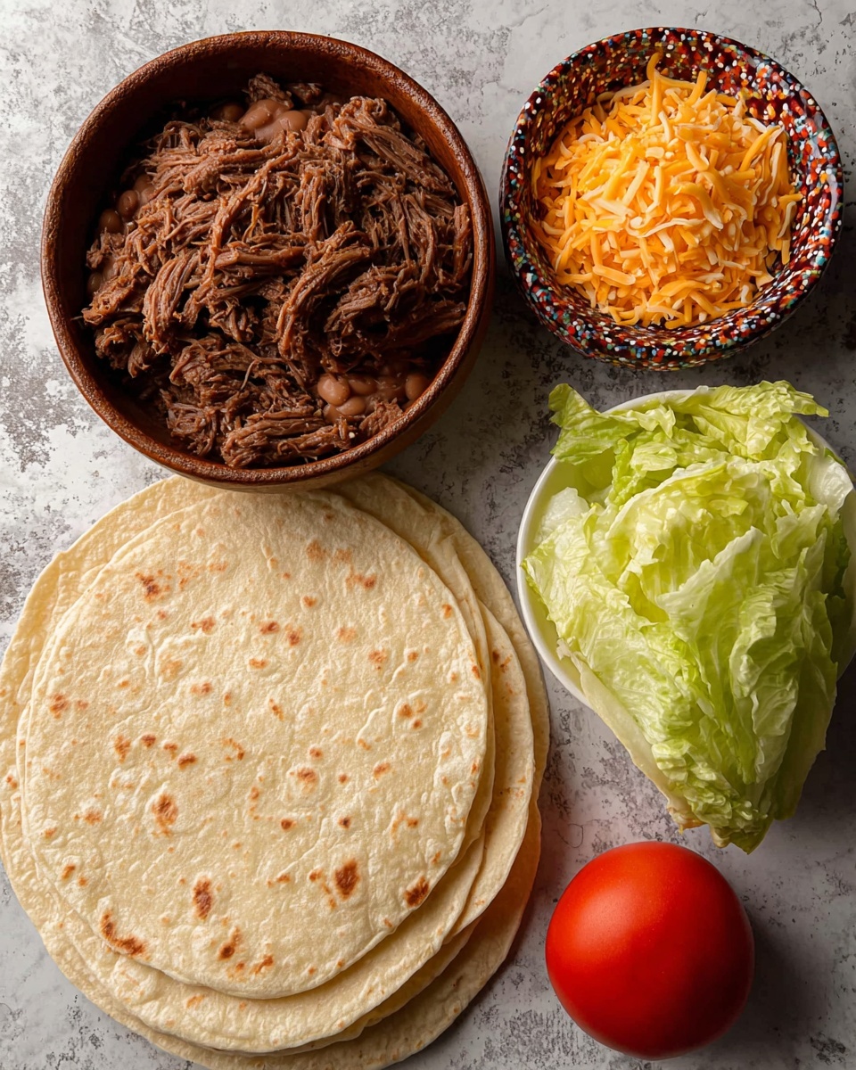 The image shows a flat stack of three pale beige tortillas on a white marbled surface, with a small head of light green iceberg lettuce partially resting on them. Next to the tortillas, on the right, there is a white bowl filled with dry shredded dark brown meat and beside it, a smaller colorful bowl with bright orange shredded cheese. Above these, a single red tomato is placed. In the bottom left corner, there is a rustic brown bowl filled with smooth, light brown refried beans. The textures range from soft and smooth to shredded and leafy, all set on a white marbled background. Photo taken with an iphone --ar 4:5 --v 7
