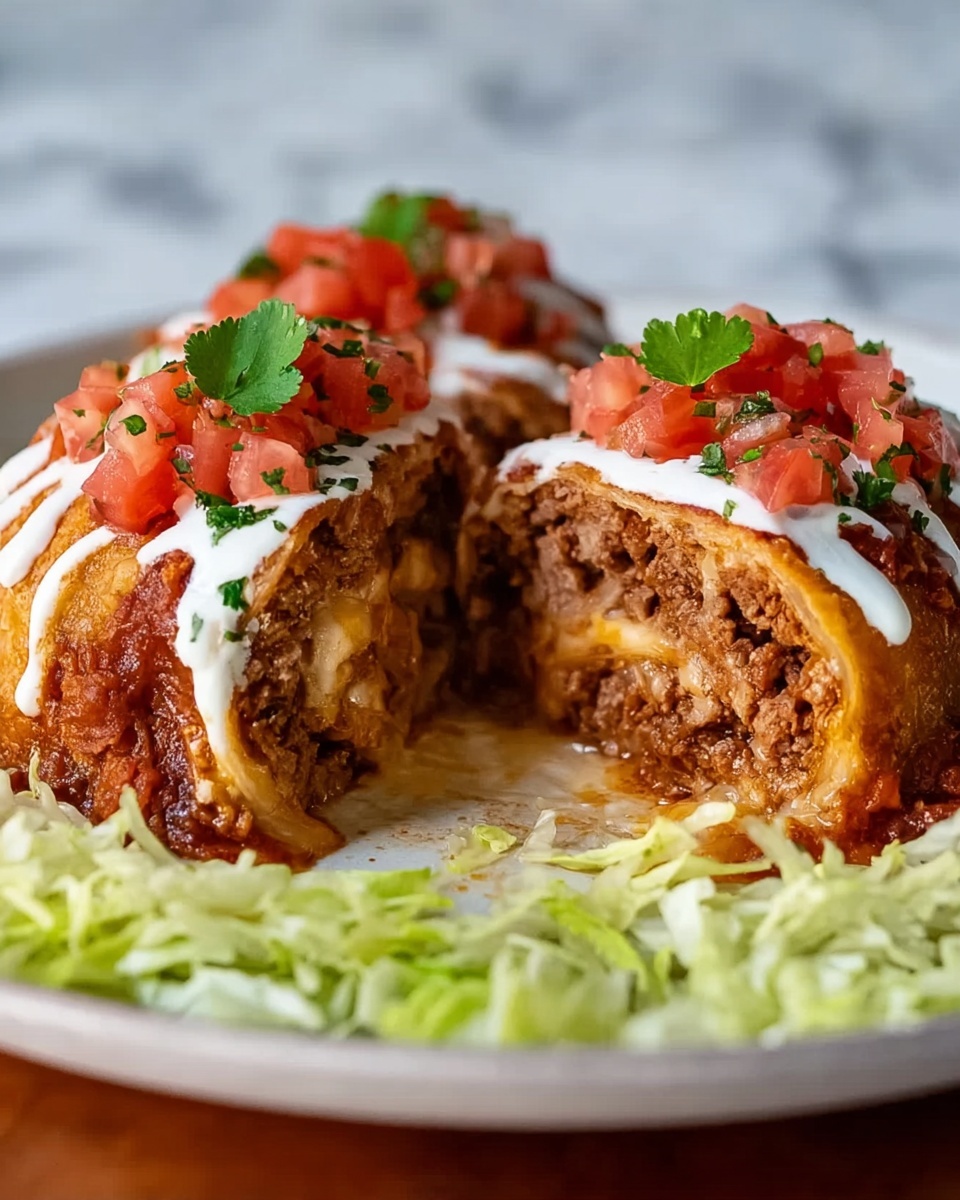 The image shows a close-up of a stuffed dish cut in half and placed on a bed of fresh shredded lettuce on a white plate. Each half reveals layers of rich brown cooked meat mixed with melted cheese inside a crispy golden-brown outer layer. On top, there are bright red chopped tomatoes, a drizzle of white creamy sauce, and a small green herb leaf for garnish. The background is a white marbled surface, and the focus is on the juicy texture of the filling and the contrast of colors between the layers and the toppings. Photo taken with an iphone --ar 4:5 --v 7