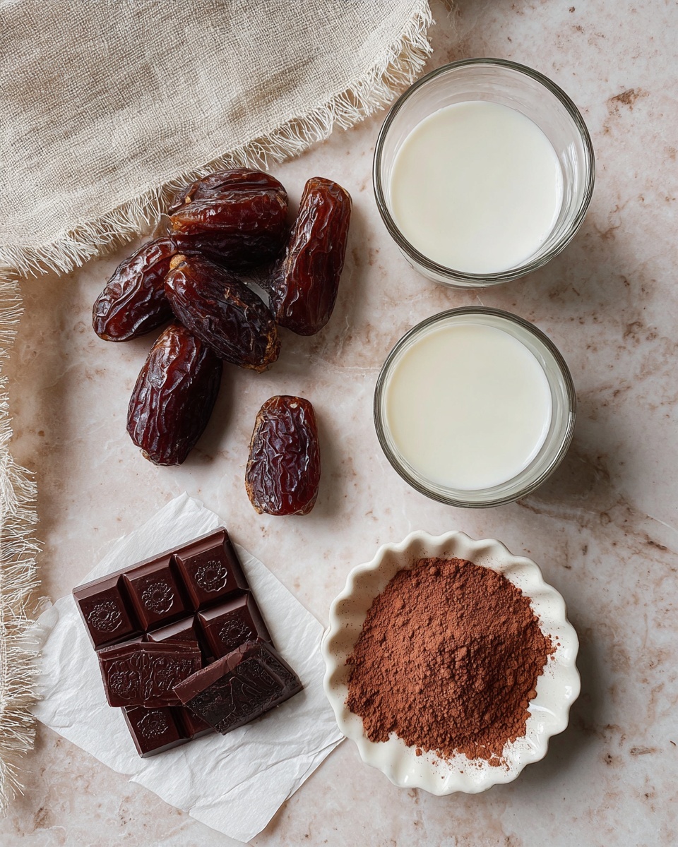 The image shows five dark brown dates laying grouped on a white marbled surface next to a small pile of nine dark chocolate squares with a floral design, placed on a slightly crumpled white paper. Above the dates, there are two clear glass cups; the left one is filled with dark brown coffee, and the right one with white milk. Below and to the right of the milk, there is a white scalloped bowl filled with light brown cocoa powder. To the left side of the image, there is a beige fabric with frayed edges resting on the white marbled surface. photo taken with an iphone --ar 4:5 --v 7