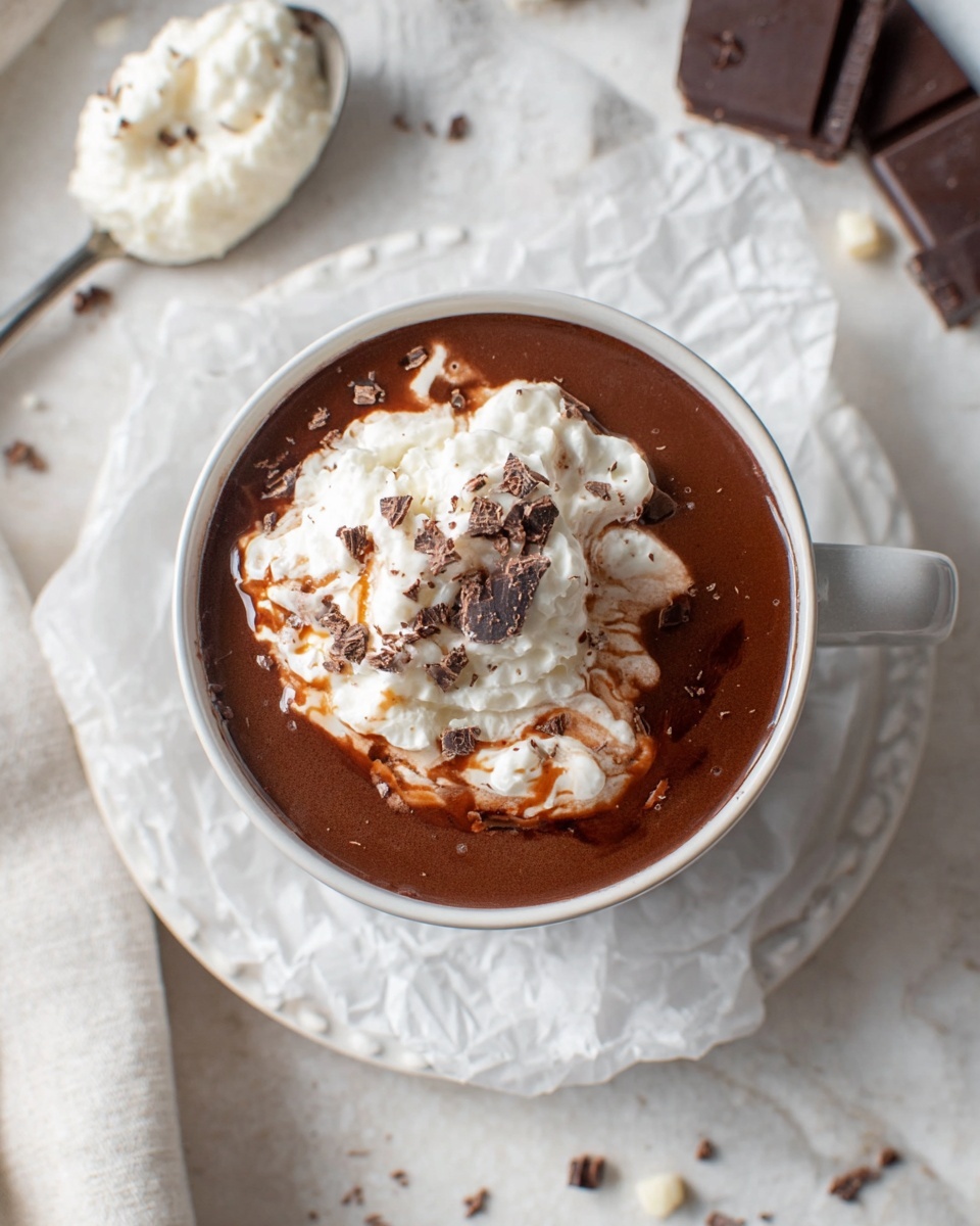 The image shows a close-up top view of a white cup filled with thick, dark brown hot chocolate, topped with a generous layer of soft white whipped cream that has slightly melted into the drink, creating swirls of white and brown. On top of the whipped cream, there are small pieces of dark chocolate sprinkled around. The cup rests on a white plate with a delicate raised edge, placed on a piece of crumpled white parchment paper. The background features a white marbled texture with scattered pieces of dark chocolate and a silver spoon holding a dollop of white whipped cream nearby. Photo taken with an iphone --ar 4:5 --v 7
