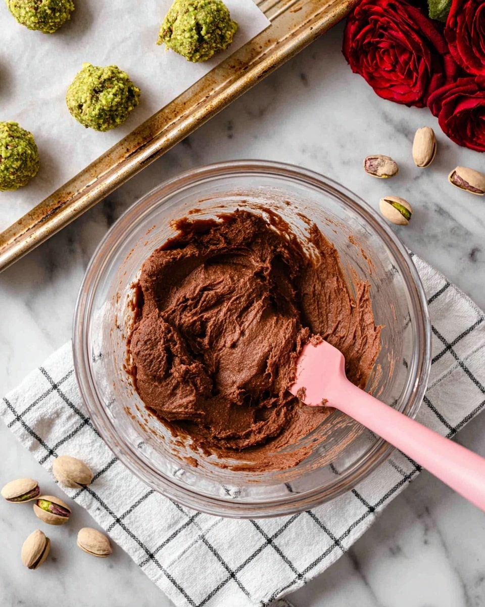 A clear glass bowl with a thick, smooth, chocolate brown dough inside, mixed with a pink spatula resting in the dough, sitting on a white and black checkered cloth over a white marbled surface. Next to the bowl, there are pistachio nuts scattered on the surface. A baking tray lined with parchment paper is placed on the upper left, showing several small green dollops of dough arranged evenly on the tray. A few red rose flowers are placed in the top right corner on the white marbled surface. photo taken with an iphone --ar 4:5 --v 7