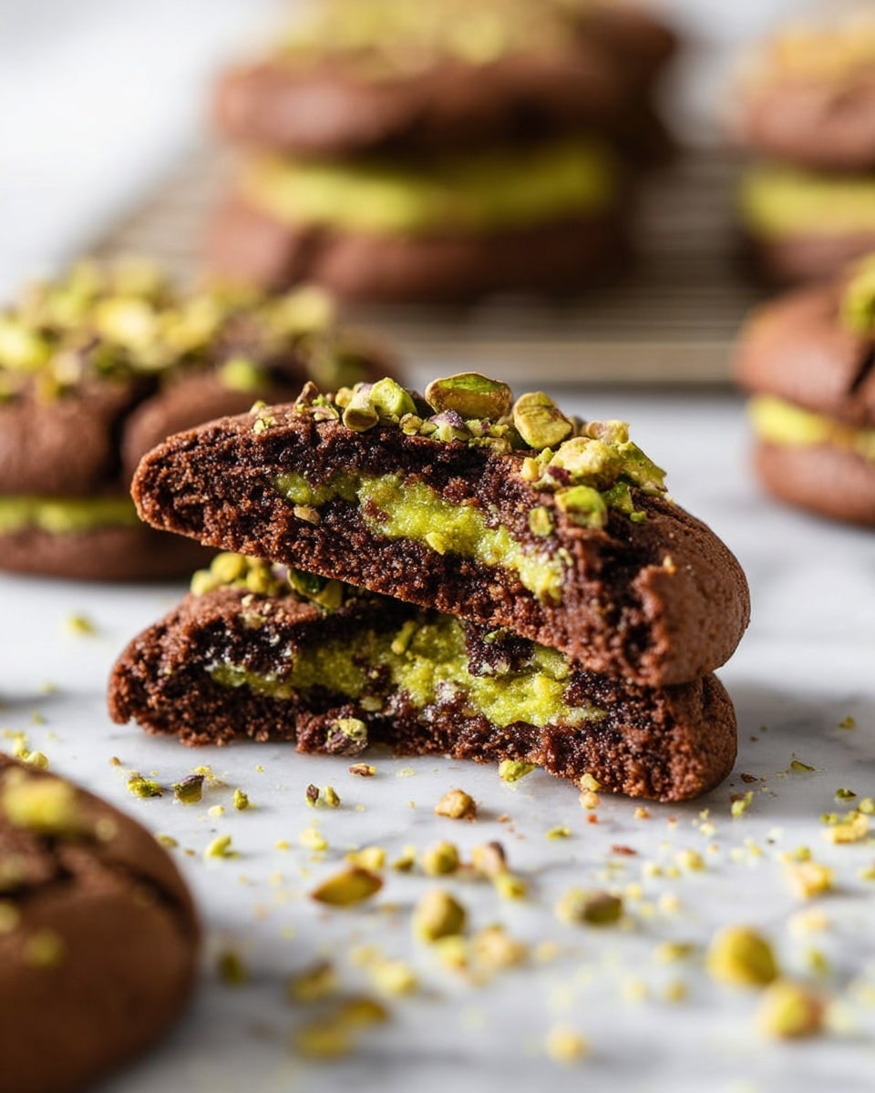 The image shows a chocolate cookie broken in half, revealing a bright green pistachio filling inside. The cookie has a dark brown, slightly cracked outer layer with a soft texture. Green crushed pistachio pieces are scattered on top of the cookie and around it on a white marble surface. In the blurred background, more cookies with similar layering and pistachio topping are visible, creating a cozy and delicious atmosphere. photo taken with an iphone --ar 4:5 --v 7