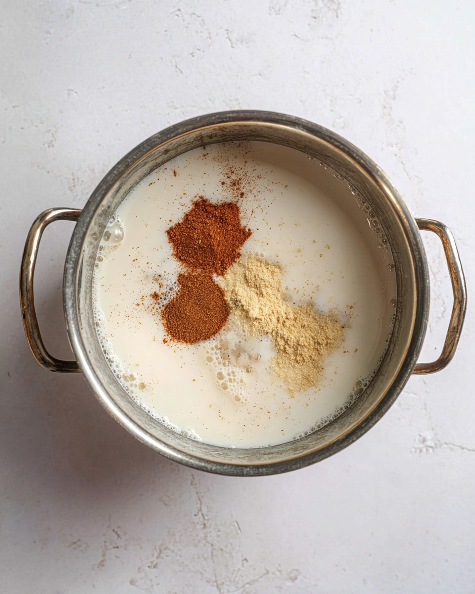 A silver metal pot filled with a smooth white liquid, topped with three small piles of different powder spices: one reddish-brown, one light beige, and one pale yellow, all floating separately on the surface. The pot has two rounded handles on each side and sits on a white marbled textured surface. The photo is taken from above, showing the spices clearly on the creamy liquid inside the pot photo taken with an iphone --ar 4:5 --v 7