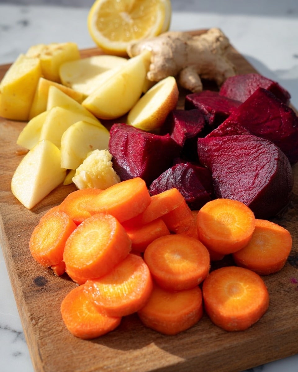The image shows a wooden board filled with peeled and chopped vegetables and fruit on a white marbled surface. At the front, there are bright orange carrot rounds with a smooth cut texture stacked loosely. To their side, there are light yellow, irregularly shaped pieces of ginger with a rougher skin texture. Behind the ginger, deep red beetroot chunks with visible veins in their flesh are placed in a small group. Further back, yellowish apple wedges with a slightly rough skin and pale flesh are arranged in a fan shape. In the background, a lemon half with a bright yellow, juicy texture sits near the apples. The natural colors and textures of the vegetables and fruit contrast well with the simple wooden board and white marbled surface. photo taken with an iphone --ar 4:5 --v 7
