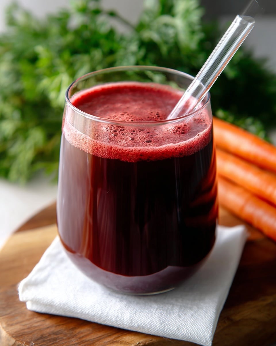 A clear, round glass is filled with dark red juice that has a smooth texture and a slightly frothy top layer. Two clear straws are placed inside the glass leaning to the right side. The glass sits on a white folded napkin on a wooden board. In the blurred background, green leafy tops and orange carrots are visible, adding a natural and fresh feeling to the image. The photo is taken with an iphone --ar 4:5 --v 7