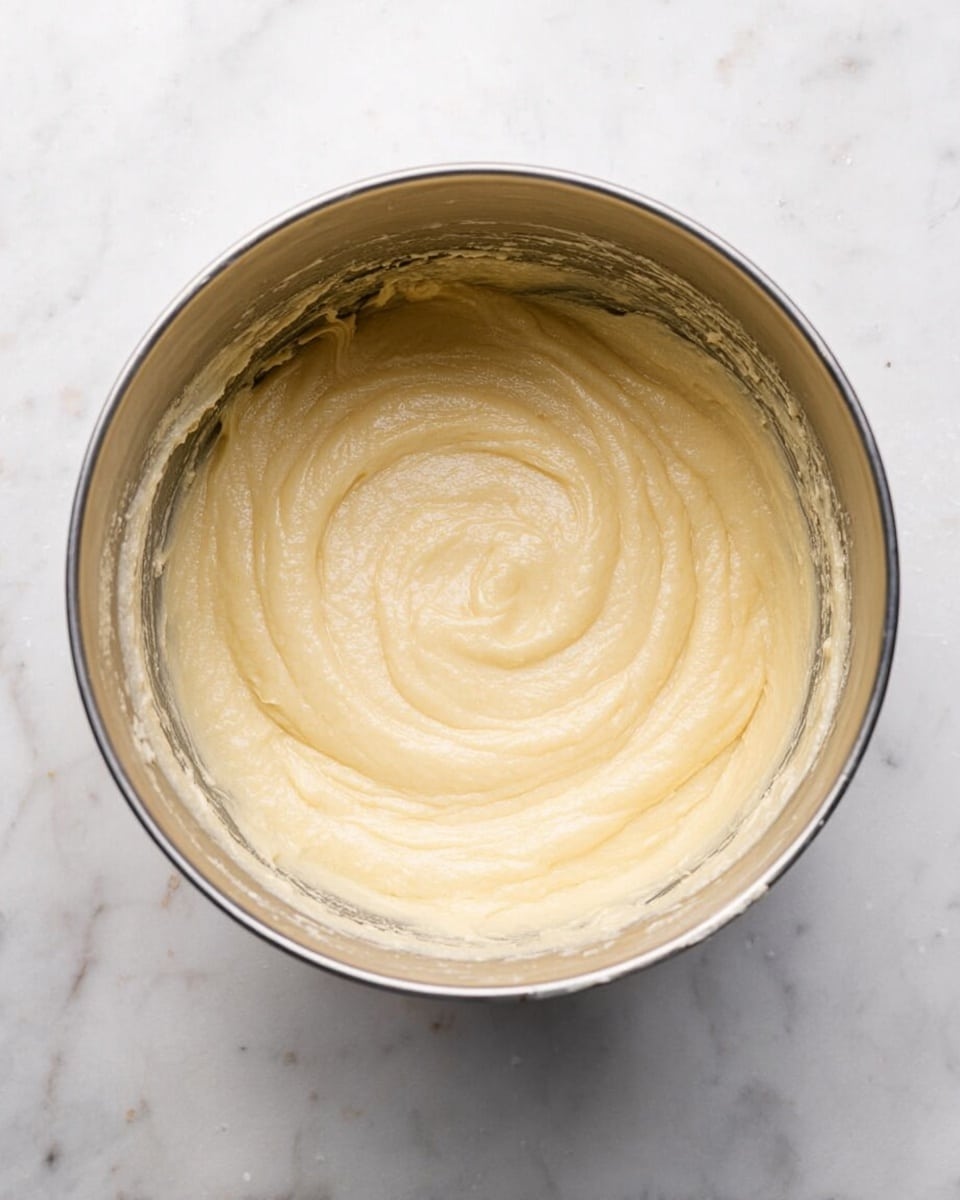 A metal mixing bowl filled with smooth, pale yellow cake batter with a creamy texture, swirled gently in the center, sitting on a white marbled surface. The batter looks thick but soft and glossy, evenly spread inside the bowl with slight traces of batter clinging to the sides. Photo taken with an iphone --ar 4:5 --v 7