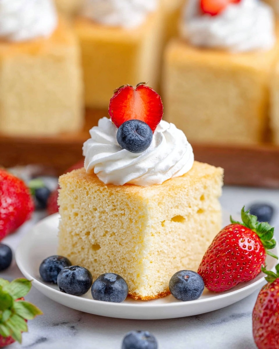 A single square piece of light golden sponge cake sits on a white plate, showing a soft and airy texture with tiny holes all over. On top of the cake is a swirl of white whipped cream crowned with a red strawberry half and two fresh blue blueberries. Around the base of the cake on the plate, there are additional whole blueberries and a whole strawberry with green leaves. In the background, more slices of the same cake are visible, all placed on a white marbled surface. Photo taken with an iphone --ar 4:5 --v 7